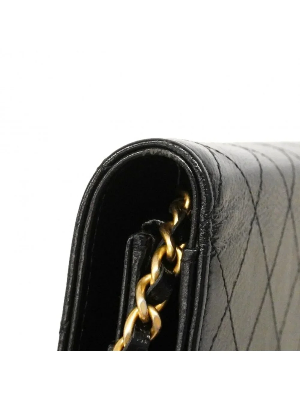 Chanel Shoulder Wallet Quilted Leather Black Champagne Gold
